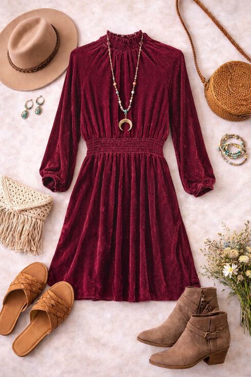 Bella Dahl Dresses & Skirts - Bella Dahl Velvet Dress Silk Blend Burnt Orange Smocked Waist Boho XS